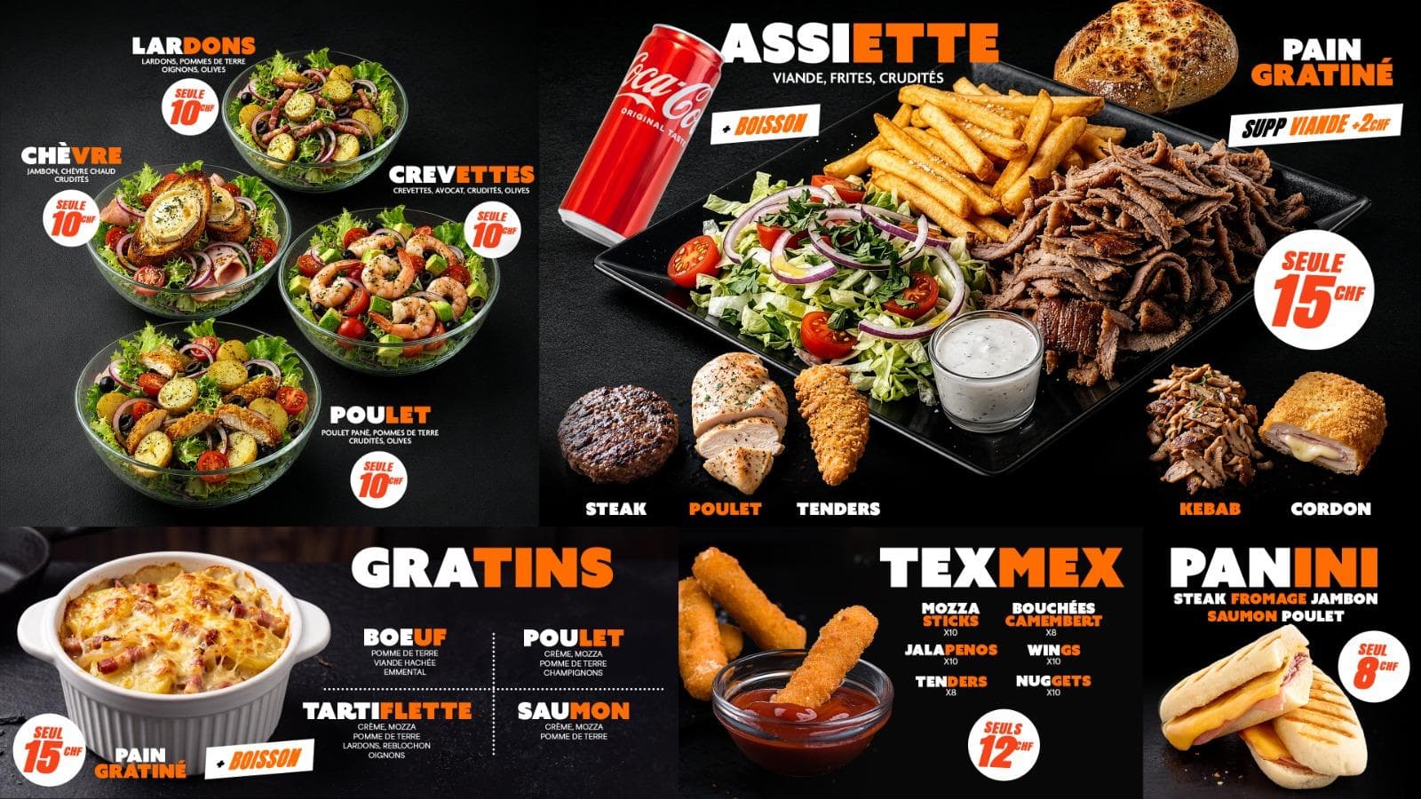 Carte des salades, assiettes, gratins, tex-mex et paninis du Panama, avec prix en CHF.