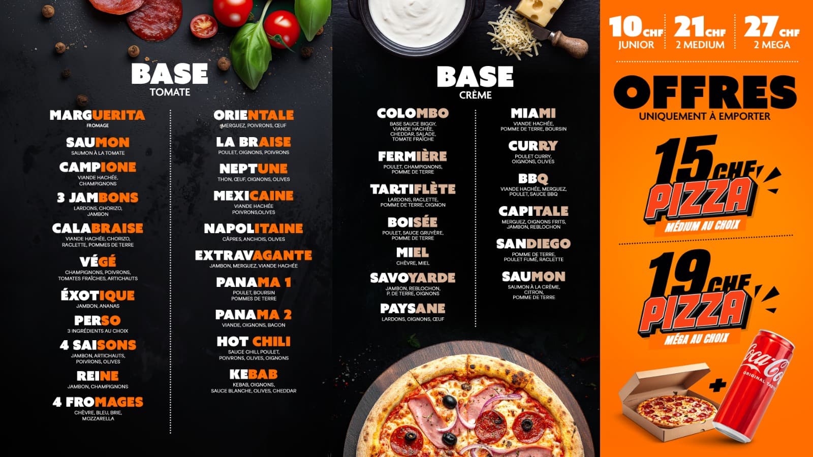 Carte des pizzas du Panama, bases tomate et crème, formats et offres à emporter.